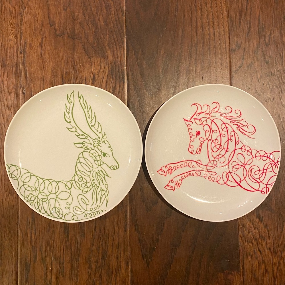 West Elm Sesame Letterpress Calligraphy Plate SET OF 2 Red Horse Green Antelope